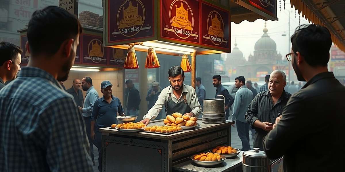 Street Vendor - Primary Game Mode in Samosas Saga Samosas Saga Street Vendor mode showing a player managing a busy samosa stall in Delhi's Chandni Chowk with various customers waiting