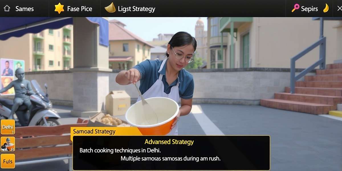Advanced Strategies in Samosas Saga Samosas Saga advanced strategy showing a player using batch cooking techniques to prepare multiple samosas during a rush in Delhi