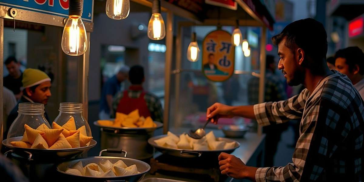 Samosas Saga - India's Spiciest Mobile Game Samosas Saga gameplay showing a player frying samosas in a street food stall during a busy evening in Delhi